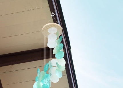 Wenqik Sea Glass Shell Wind Chimes for Outside Seaglass Capiz Windchime Spiral Wind Chimes for Women Beach Holiday Summer Gift Indoor Outdoor Home Housewarming Garden Decor(Light Blue)
