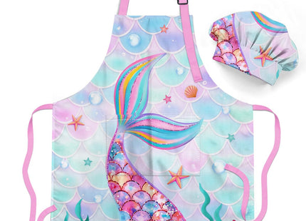 SANDJEST Mermaid Kid Apron for Girls with Pocket & Chef Hat, Polyester Baking Painting Gardening Apron, Gift for Christmas Birthday