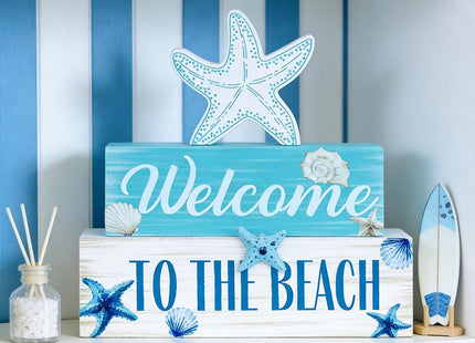 Beach Decorations for Home, MEETYAMOR 3-Layered Starfish Seashell Coastal Wood Block Beach Decor, TO THE BEACH Sign Ocean Decor for the Home, Table, Mantel