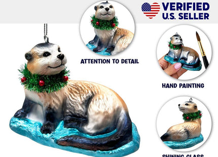 Cute Otter Glass Christmas Ornament, Exotic Animal Tree Decoration