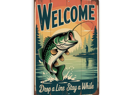 Welcome Fishing Sign – Largemouth Bass Lake Cabin Metal Wall Art