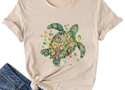 Turtle Tshirts Women Sea Turtle Floral Graphic Tee Short Sleeve,Khaki,XL