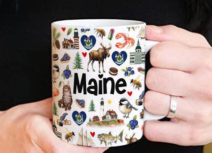 Lotacy Maine Symbols Colorful Coffee Mug, 11 oz, Maine Souvenirs And Gifts For Men, Women