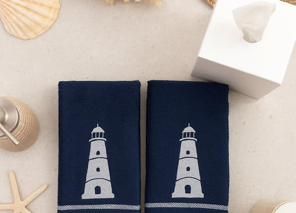 Coastal Guest Navy Fingertip Hand Bathroom Towels, White Lighthouse, 12x18"