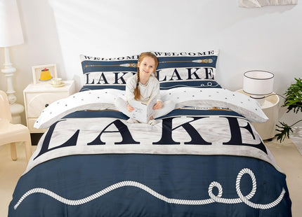 Lake House Theme Duvet Cover Queen Size,Go Boating Comforter Cover with 2 Pillowcase for Teens,Kids Lake Paddles Bedding Set,Retro Navy and Gray Breathable 3 Pcs Decorative Bed Cover(No Comforter)