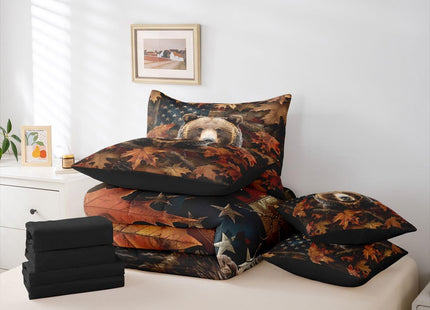 Feelyou Hunting Camo Bear Comforter Set Queen Size 7 Pieces Realistic Tree American Flag Bear Bedding Set Kids Adult Rustic Farmhouse Bed in a Bag with Comforter, Sheets, Pillowcases, Cushion Covers