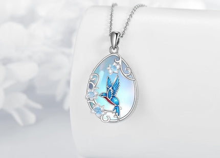 LUHE Hummingbird Necklace Sterling Silver Bird Moonstone Pendant Necklace with Flower Hummingbirds Jewelry Gifts for Women (Hummingbird Necklace)