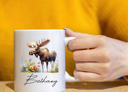 WANDORIA Majestic Moose Coffee Mug, Personalized Forest Animal Cup with Name, Moose Aficionado Gift, Wilderness Ceramic Mug, 11oz/15oz, Woodland Creature Art Drinkware, Alpine Flora Design