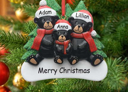 Personalized Family of 3 Black Bear Christmas Ornament 2026