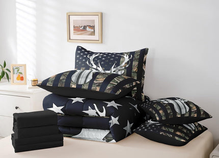 Camo American Flag Reversible Comforter Set 7 Piece Full Size,Deer Antlers Army Green Camouflage Bed Sheet Set Western Farmhouse Animal Hunting Bedding Set with Comforter,Fitted & Flat Sheet