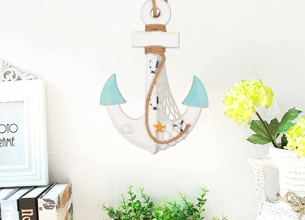 13" Nautical Wooden Anchor with Rope Nautical Beach Wood Anchor Wall Art Decor Door Hanging Ornament Beach Theme Home Decoration (White&Green)