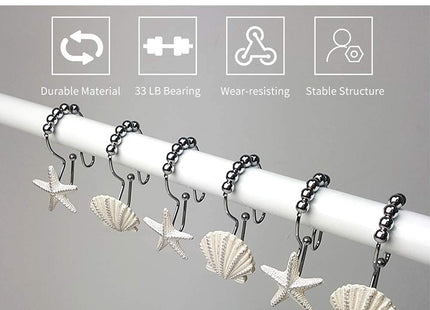 Starfish & Seashell Stainless Steel Rust Resistant Double Hooks Glide Shower Curtain Ring Hangs Holder for Bathroom Home Decor