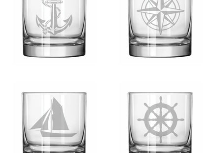 MIP Set of 4 Glass 11 oz Rocks Whiskey Highball Anchor Boat Compass Nautical Collection