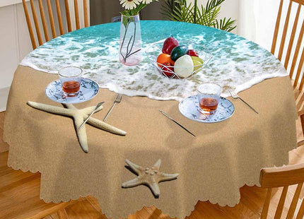 AOYEGO Summer Beach Round Tablecloth 60 Inch Sea Wave Starfish On Sand Table Cloth Polyester Tablecloths for Home Decor, Parties, Picnic