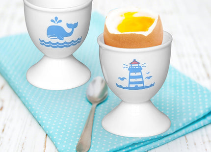 Cinf Ceramic Egg Cups, 2 Pack, Lighthouse Whale Holders for Boiled Eggs