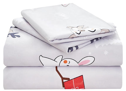 Yibeizi Kids Bear Snowmen Reindeer Bunny Printed Sheet Set Twin Size for Boys Girls, Cute Christmas Winter Microfiber Bedsheets Deep Pocket Bed Sheet & Pillowcase Sets 3 Pieces