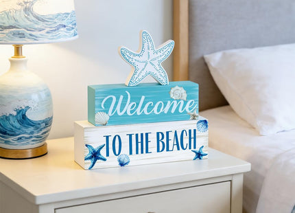 Beach Decorations for Home, MEETYAMOR 3-Layered Starfish Seashell Coastal Wood Block Beach Decor, TO THE BEACH Sign Ocean Decor for the Home, Table, Mantel