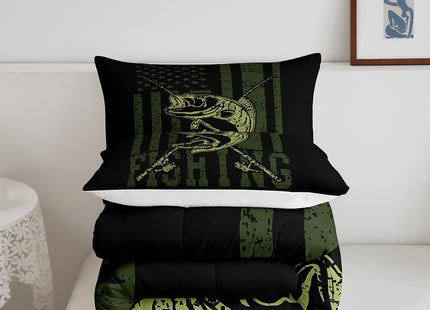 Camo American Flag Comforter Set Trout Hunting Bedding Sets Fishing Rod Camouflage Down Comforter for Kids Boys Men Room Decor Army Military Camo Duvet Sets with 2 Pillow Cases Full Size