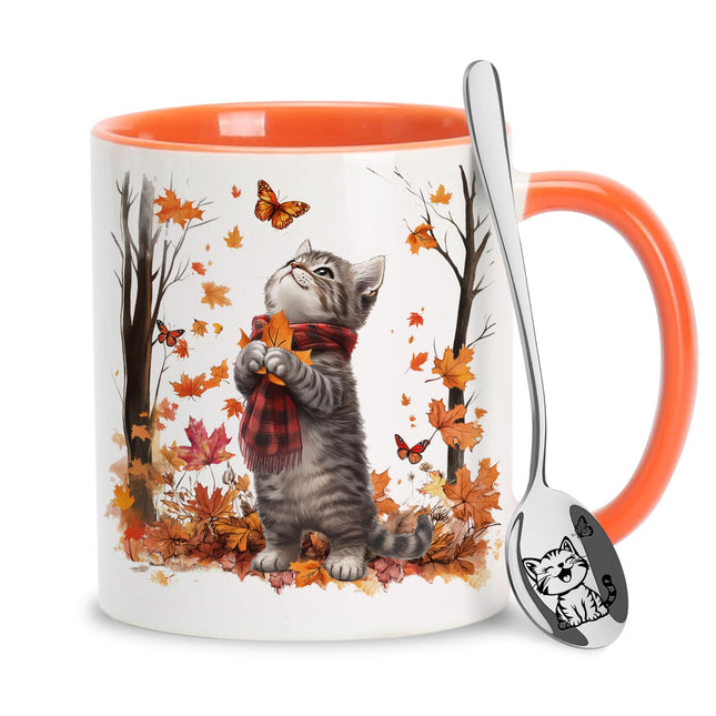 Hyturtle Fall Cat Maple Leaves Coffee Mug with Spoon Gifts on Birthday