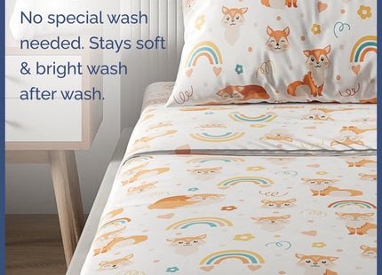 Kids Full Size Bed Sheet Set - 4 Piece Kids Loft Bed Sheets - Fox Forest Animal Themed Bedding - Soft - Breathable & Machine Washable - Rainbow Flower Hearts Bed Set for Boys, Girls, Teens & Toddlers