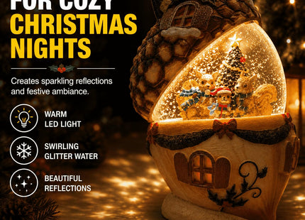 Christmas Pinecone Snow Globe Lantern with 6 Hours Timer, 3 AAA Battery Operated Glittering Water Globe, Lighted Squirrel Family Snow Globes for Xmas Mantel Tabletop Shelf Holiday Decorations Gifts