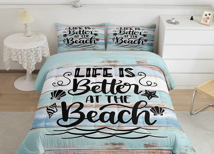 Summer Beach Comforter Set Twin Size,Starfish Shell Hawaiian View Bedding Set 2pcs for Kids Boys Girls Adults,Old Wooden Plank Rustic Farmhouse Down Comforter,Teal Retro Duvet Insert,1 Pillowcase