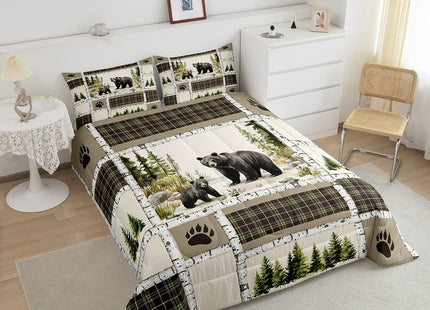 Rustic Lodge Bear Queen Comforter Set with Retro Buffalo Check Plaid Patchwork Quilt for Country Cabin Decor, Hunting Wild Animal Duvet Insert and Bedding with 2 Pillowcases