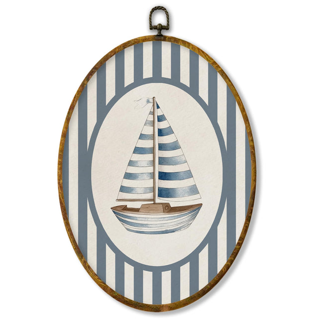 XPH Nautical Nursery Sailboat Oval Wall Art Framed, Ocean Beach Nursery Oval Wall Decor, Blue Striped Coastal Sailboat Hanging Canvas Prints for Home Kids Room Bedroom Playroom Decoration, 8.6x11.4 Inch