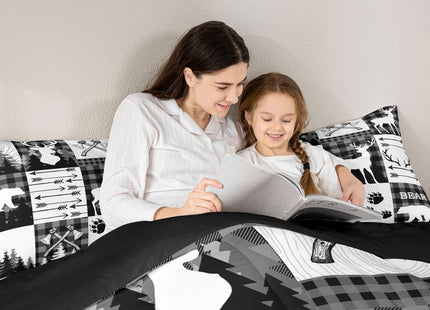 Erosebridal Rustic Patchwork King Comforter Set for Boys,Black White Grey Plaid Animal Kids Comforter Hunting Bear Deer Quilt Set for Teen Men,Country Farmhouse Lodge Wildlife Bed Set 2 Pillow Cases