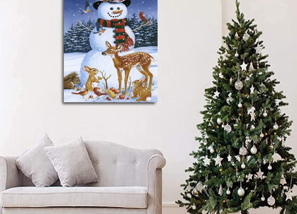 Snowman Christmas Decorations for Home Indoor Canvas Wall Decor - Framed Poster Print With Deer and Birds