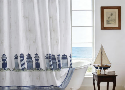 SD SDLIVING Coastal Lighthouse Shower Curtain, Nautical Bule and White Fabric Ocean Themed Bath Curtains for Bathroom,72" W x 72" H