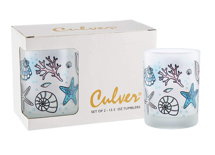 Culver Coastal Decorated Frosted Double Old Fashioned Tumbler Glasses, 13.5-Ounce, Gift Boxed Set of 2 (Seashells)