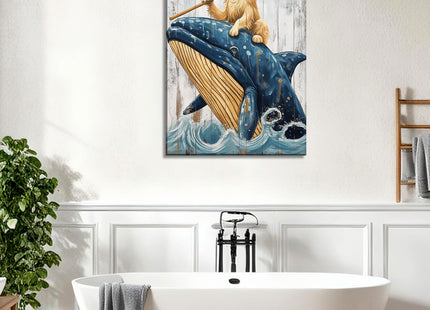 Funny Dog Riding Whale Bathroom Wall art Golden Retriever Picture Canvas Prints Ocean Waves Paintings Rustic Coastal Artwork for Living Room Home Wall Decor Framed - 12.00"x18.00"