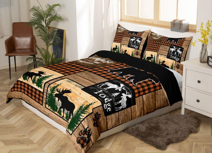Erosebridal Retro Cabin Comforter Cover for Boys, Checkered Plaid Patchwork Duvet Cover King for Teens Adult Bedroom, Woodland Deer Bear Trees Bedding Set Country Farmhouse Moose Bed Cover, Brown