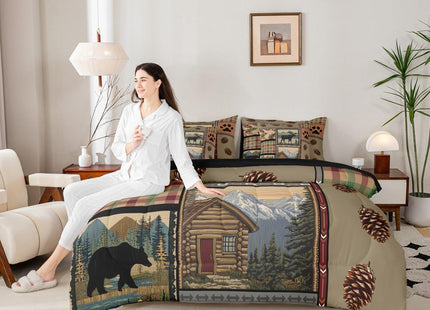 Feelyou Rustic Lodge Bear Moose 7 Piece Bedding Set Twin Size Retro Brown Wild Animal Bear Comforter Set with Sheets Boys Girls Cabin Country Hunting Theme Bed in a Bag Paw Prints Cabin