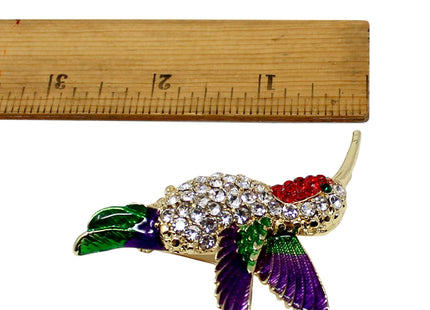 Large Hummingbird Crystal Brooch Pin with Sparkly Multicolor Rhinestones, Unique Bird Costume Jewelry or Hummingbird Gift for Women
