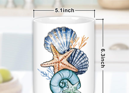 JarThenaAMCS Summer Coastal Ceramic Utensil Holder Ocean Starfish Seashell Utensil Crock for Beach Home Kitchen Countertop Storage Organizer Container