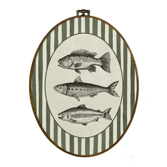 dvhdajed Vintage Fishing Hunting Oval Wall Art Decor, Wood land Cabin Lake Fish Framed Canvas Art, Farmhouse Fish Decorations, Rustic Green Striped Wall Hanging Decor for Boys Room Bedroom, 8.7x11.3