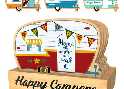 Haigoo Wood Drink Coasters Set of 4, Happy Camper Cute Coasters with Holder