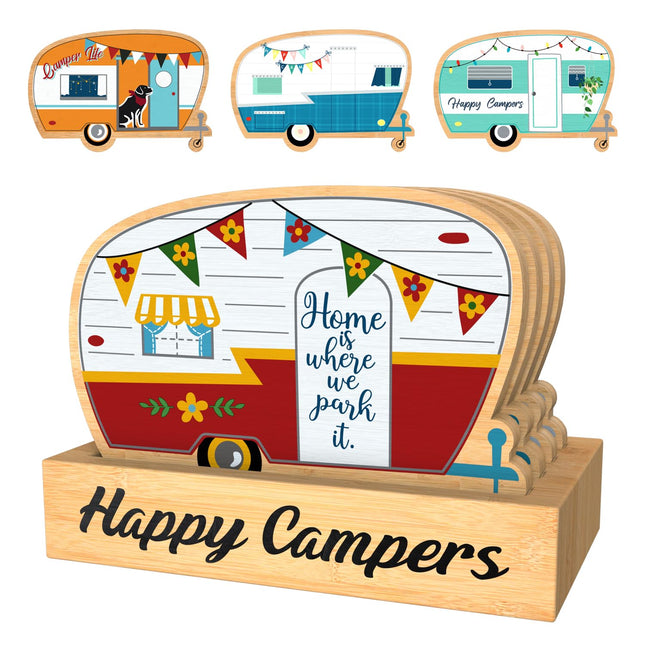 Haigoo Wood Drink Coasters Set of 4, Happy Camper Cute Coasters with Holder