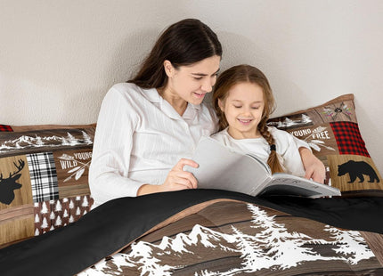 Retro Cabin Comforter Set Rustic Adventure Bear Deer Bedding Set Hunting Wildlife Wild Animal Duvet Insert Plaid Lodge Farmhouse Down Comforter Western Country Comforter + 2 Pillow Cases, Queen Size