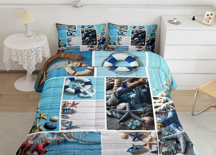 Erosebridal Nautical Theme Bedding Set,Seashell Conch Starfish Comforter Set Sea Ocean Animal Quilts Full,3D Beach Theme Patchwork Decor Duvet Set Coastal Lodge Cabin Soft Cozy Down Comforter,3Pcs
