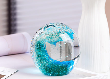 YWHL Blue Glass Ocean Wave Ball, Sea Glass Paperweight, Coastal Home Decor