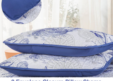 DJY Ocean Coastal Quilt Queen Size, 3 Pcs Seahorse Bedspread Bedding Set