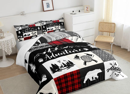Castle Fairy Bear Deer Kids Comforter Set Twin Size,Hunt Arrow Adventure Wildlife Patchwork Bedding Set for Kids Boys Men,Red Check Boho Aztec Cabin Decor Quilted Duvet Set with 1 Pillowcase