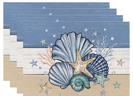 ZCHOMI Coastal Seashell Starfish Placemats Set of 4, 12x18 Inch Wood Grain Nautical Ocean Beach Summer Table Place Mats for Kitchen Dining Home Party Decor