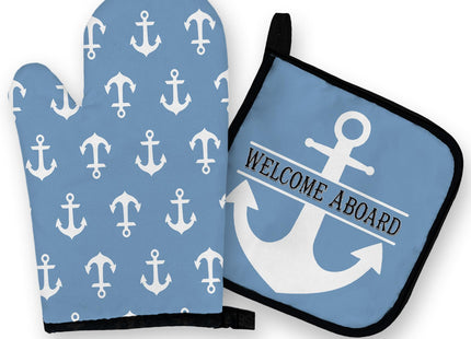 OHSUL Blue Nautical Oven Mitts and Pot Holders Sets, Nautical Anchor Lake House Kitchen Decor Accessories, Welcome Aboard Heat Resistant Oven Gloves Hot Pads for Kitchen Cooking Baking Grilling