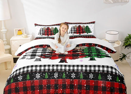 Christmas Snowflake Kids Duvet Cover Set Twin Size,Plaids Leopard Pine Tree Bedding Set,Girls Boys Adults Room/Xmas Cabin Decor,Holiday Rustic Comforter Cover,Red Black Quilt Cover,2pcs,1 pillowcase
