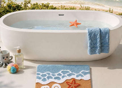 WENBOER Ocean Wave Bath Mat, Coastal Rug, Soft Microfiber, 16x24 Inch