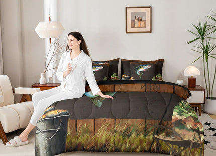Erosebridal Twin Size Pike Fish Comforter Set with Sheets - 7 Pieces Rustic Bass Fish Bedding Set for Teens Adults Cabin Lodge Hunting Theme Bed in A Bag with Flat Fitted Sheet Wild Animal Bed Sets